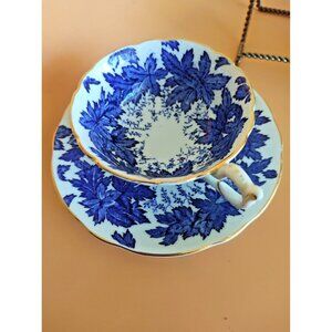 Coalport Hand Painted Tea Cup & Saucer Set Cobalt Blue Maple Leaf 1930's